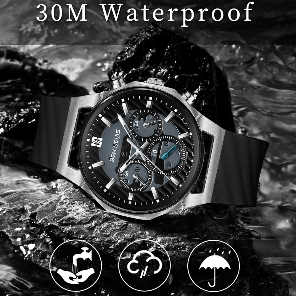 Ben Nevis Horloges Heren Waterdichte Horloges Chronos Zilver Zwart Horloge Sport Klok Siliconen Band Reloj Hombre