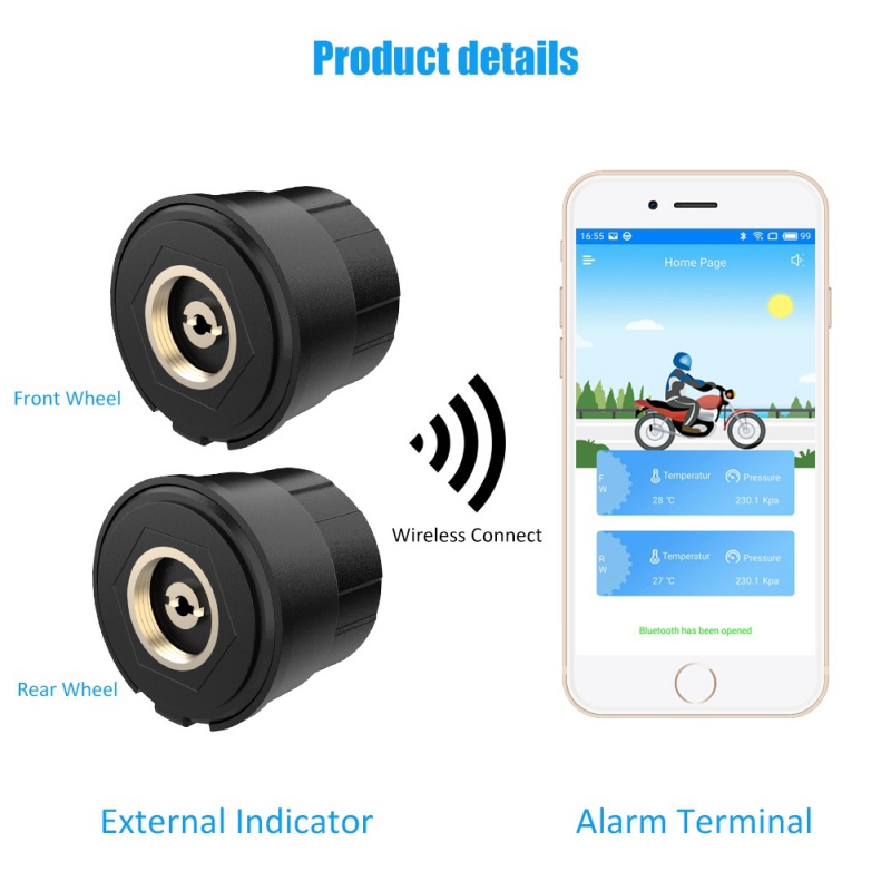 Motorcykel Dæktrykssensor TPMS Bluetooth 4.0 til Android/iOS Telefon