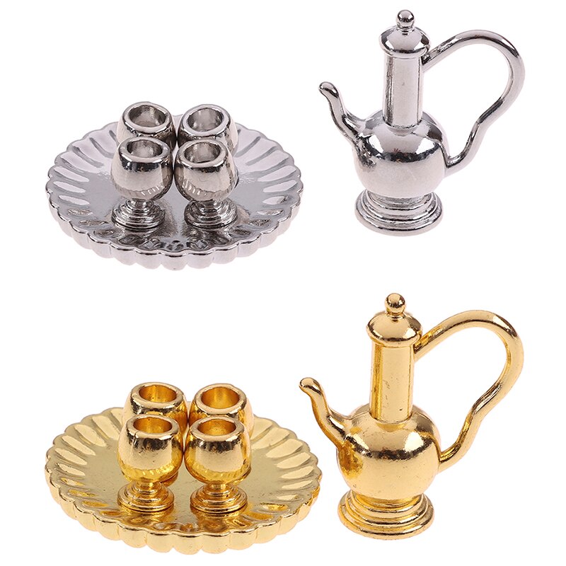 6pcs/set 1:12 Dollhouse Miniature Accessories Mini Flagon Wine Pot Cup Tray Simulation Furniture Model Toys For Doll House Decor