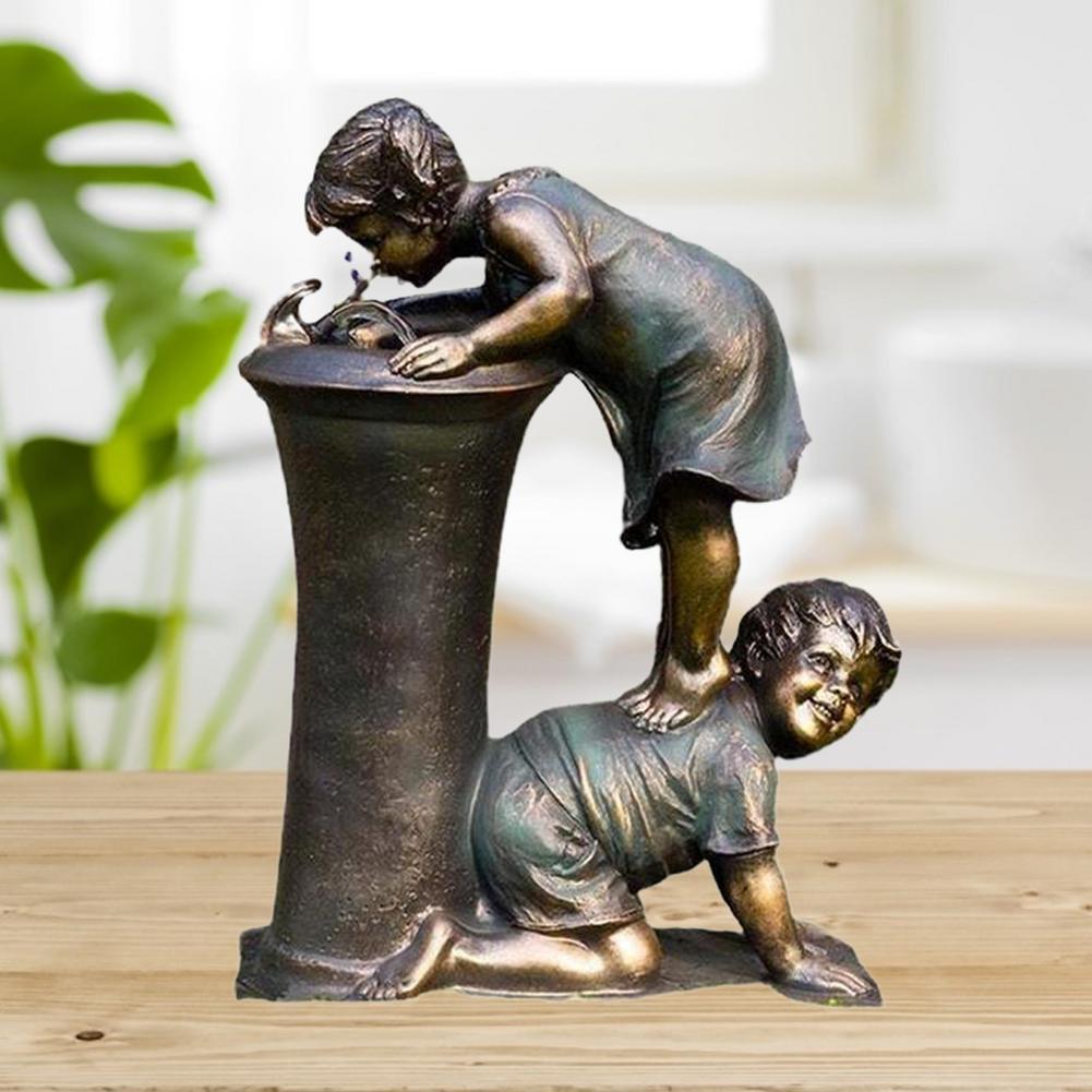Boy And Girl Garden Statue Resin Waterfall Water Flow Ornament Outdoor For Home Yard Garden Desktop Sculptures Office Decor