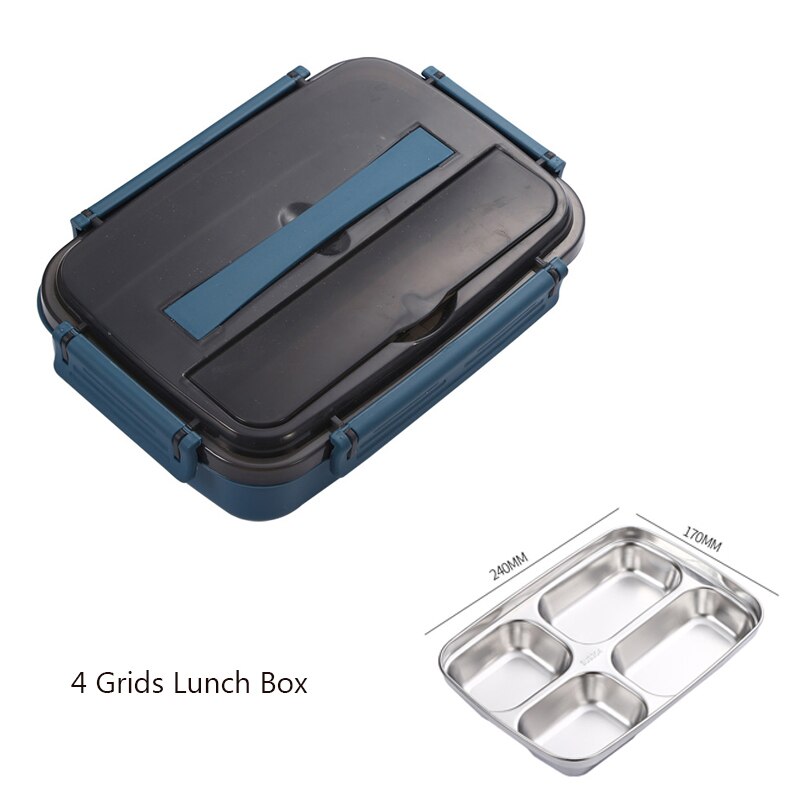 Lunch Bento Box Voor Werk Draagbare Lekvrij Servies Rvs Mannen Lunchbox Outdoor Picknick Voedsel Opslag Snack Containers: Blue 4 Gird 1.1L