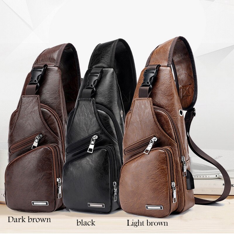 Men's Crossbody Chest Bags Waist Bags Men's USB Charging Headphone Plug Leather Shoulder Bag Diagonal Package Man Bags