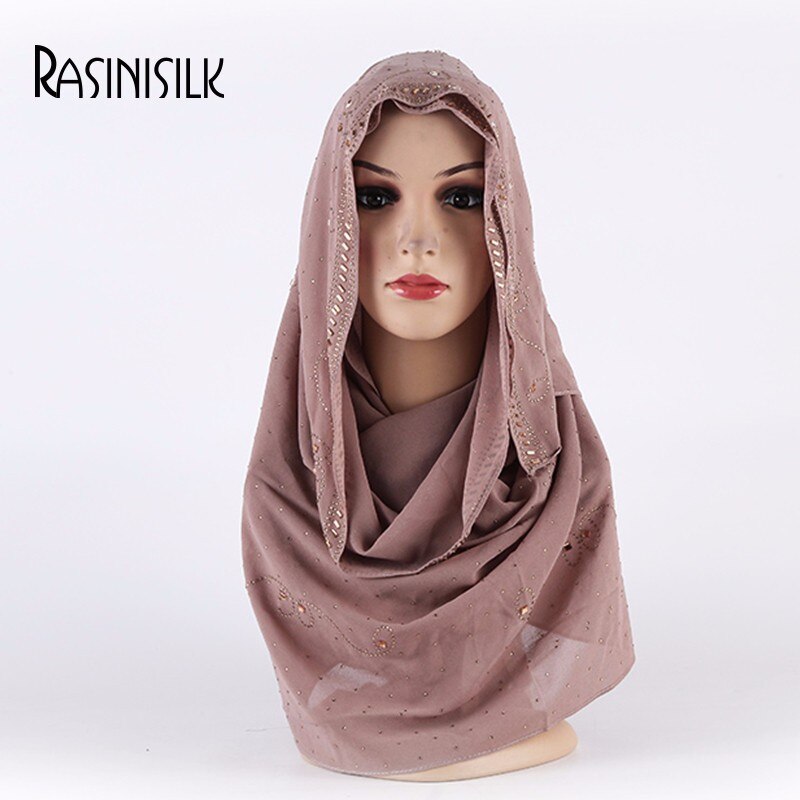 en promo | Promo! Foulard musulman en mousseline de soie pour femmes | Écharpe supérieure avec des strass et des diamants scintillants, écharpe longue et châle, foulard de style islamique malaisien: 12 khaki
