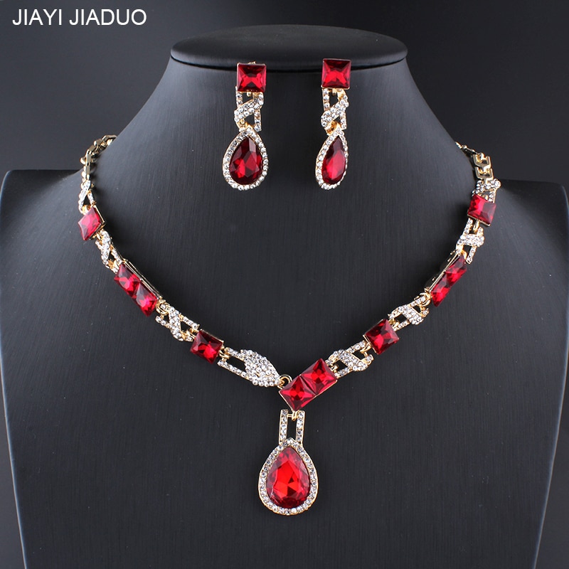 jiayijiaduo wedding necklaces for brides jewellery sets for women Crystal champagne red necklace earrings set Party dress dating
