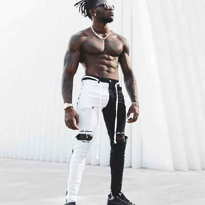 Stretch denim bukser solid slim fit jeans mænd casual biker denim jeans mandlige street hip hop vintage bukser skinny pant