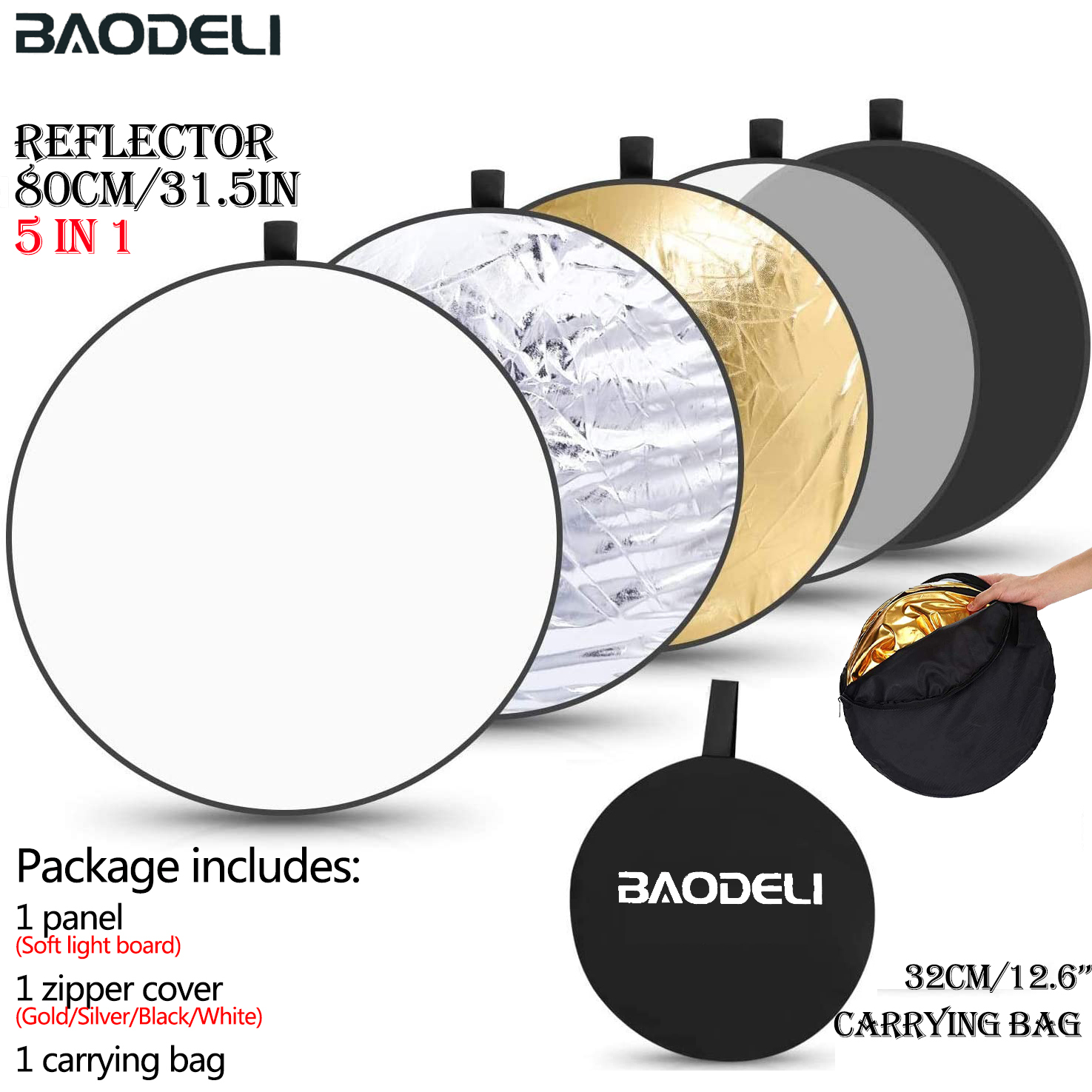 90x120cm 5 in 1 Portable Collapsible Light Oval Photography Reflector for Studio Multi Photo Outdoor studio reflector: Round 80cm