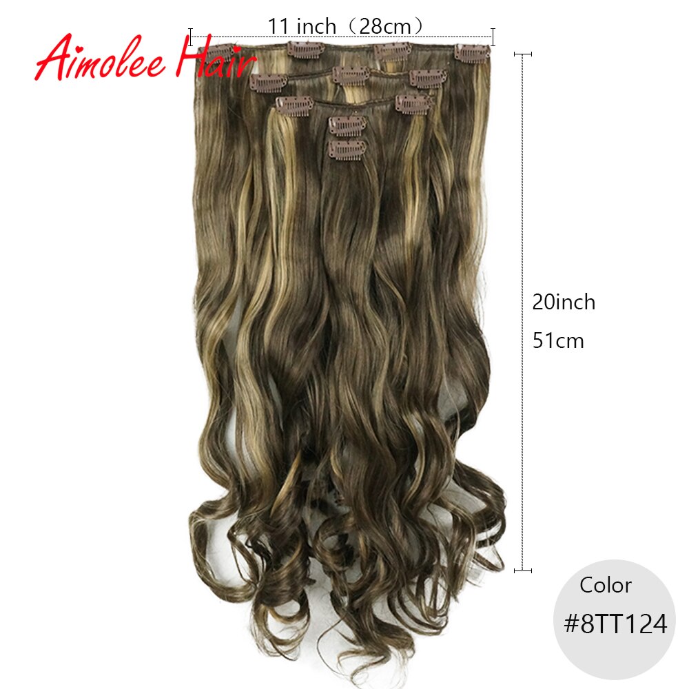 20 " lang 5 stk/sæt bølget sort brun highlight hair extension syntetisk 11 clips in on hair extensions varmebestandigt hårstykke: 8 tt 124