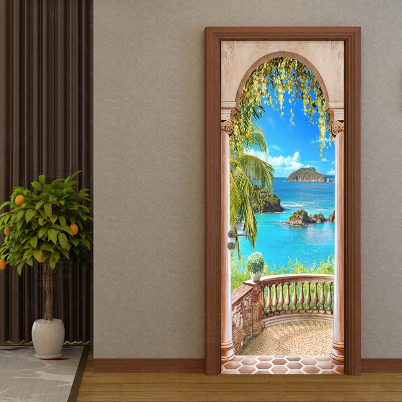 Pegatina de decoración de Puerta del hogar 3D foto de la playa Mural papel pintado sala de estar dormitorio PVC autoadhesivo impermeable pegatinas creativas DIY