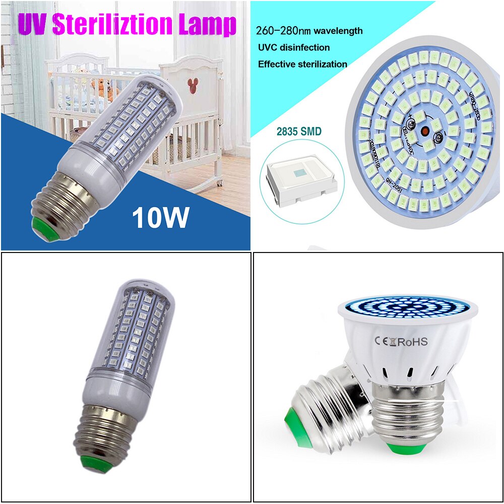 Bombilla germicida LED E27, luces de ácaros, 110V, 220V, UVC, luz ultravioleta, esterilización de ozono, 4W, 6W, 8W