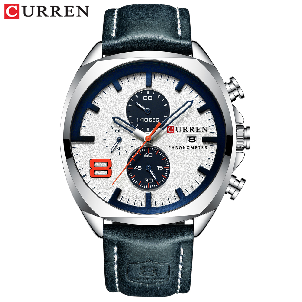 Curren Mannen Kijken Topmerk Luxe Chronograaf Horloges Lederen Waterdichte Sport Kalender Horloge Relogio Masculino: silver white