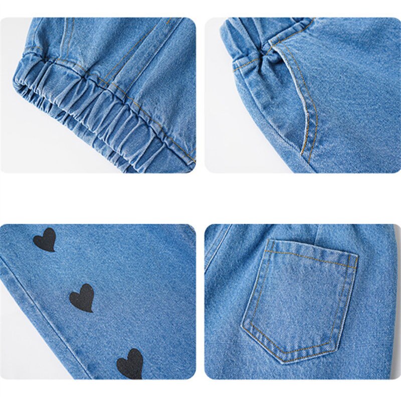 Primavera 2021 abbigliamento per bambini Casual Jeans larghi in Denim ragazza bambino stampa cuore pantaloni in cotone blu pantaloni a gamba larga 4 6 8 10 12Y