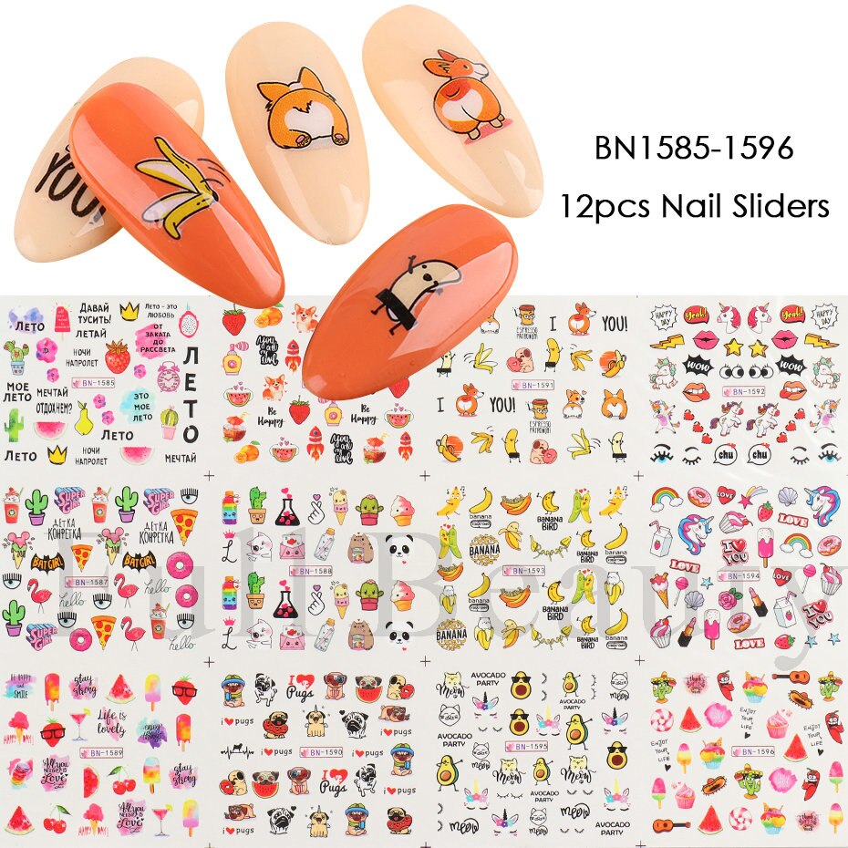 12 st jul nagelklistermärken set santa älg snögubbe vattenöverföringsreglage för naglar tecknad vinter år manikyr jibn/a -1: Bn1585-1596