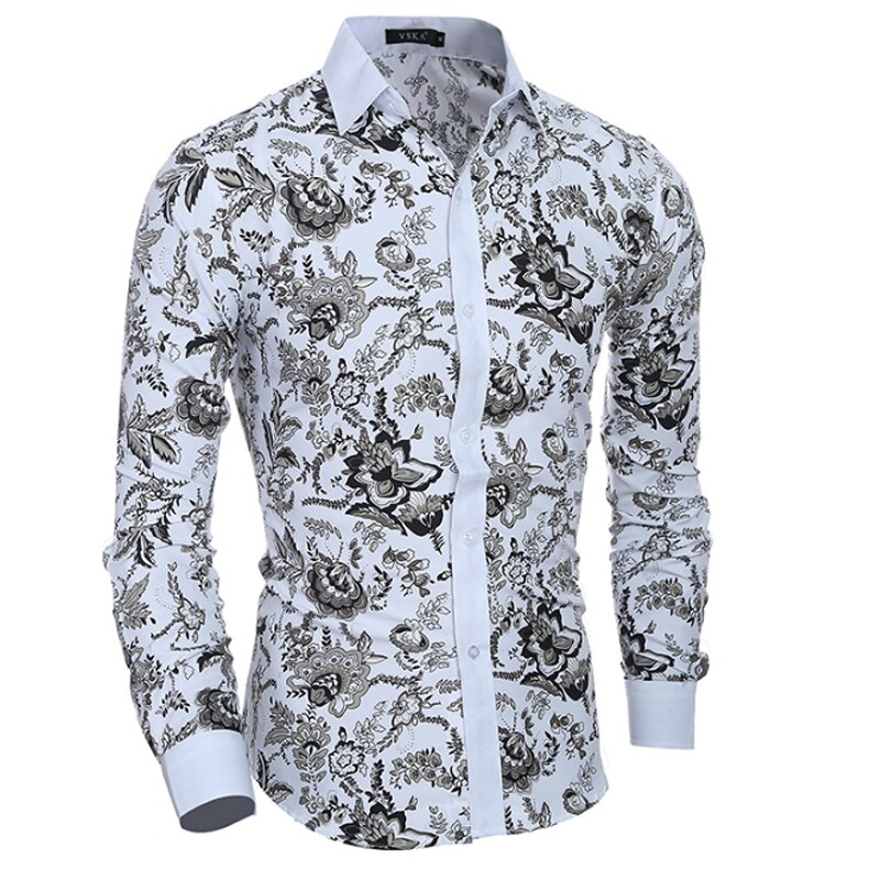 Men Printing Shirts Casual Slim Fit Camisas Dress Floral Print Homme Shirts Camisas XXL D97