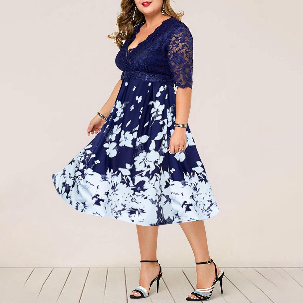 5XL 6XL Vrouwen Plus Size Kant Stiching Jurk Sexy V-hals Bloemen Printing Een Lijn Jurk Blauw Vrouwelijke Grote size Party Vestidos