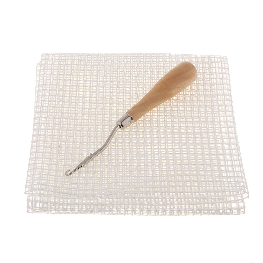 Rug Canvas Mesh Blank White & Wood Bent Latch Hook Crochet Kit