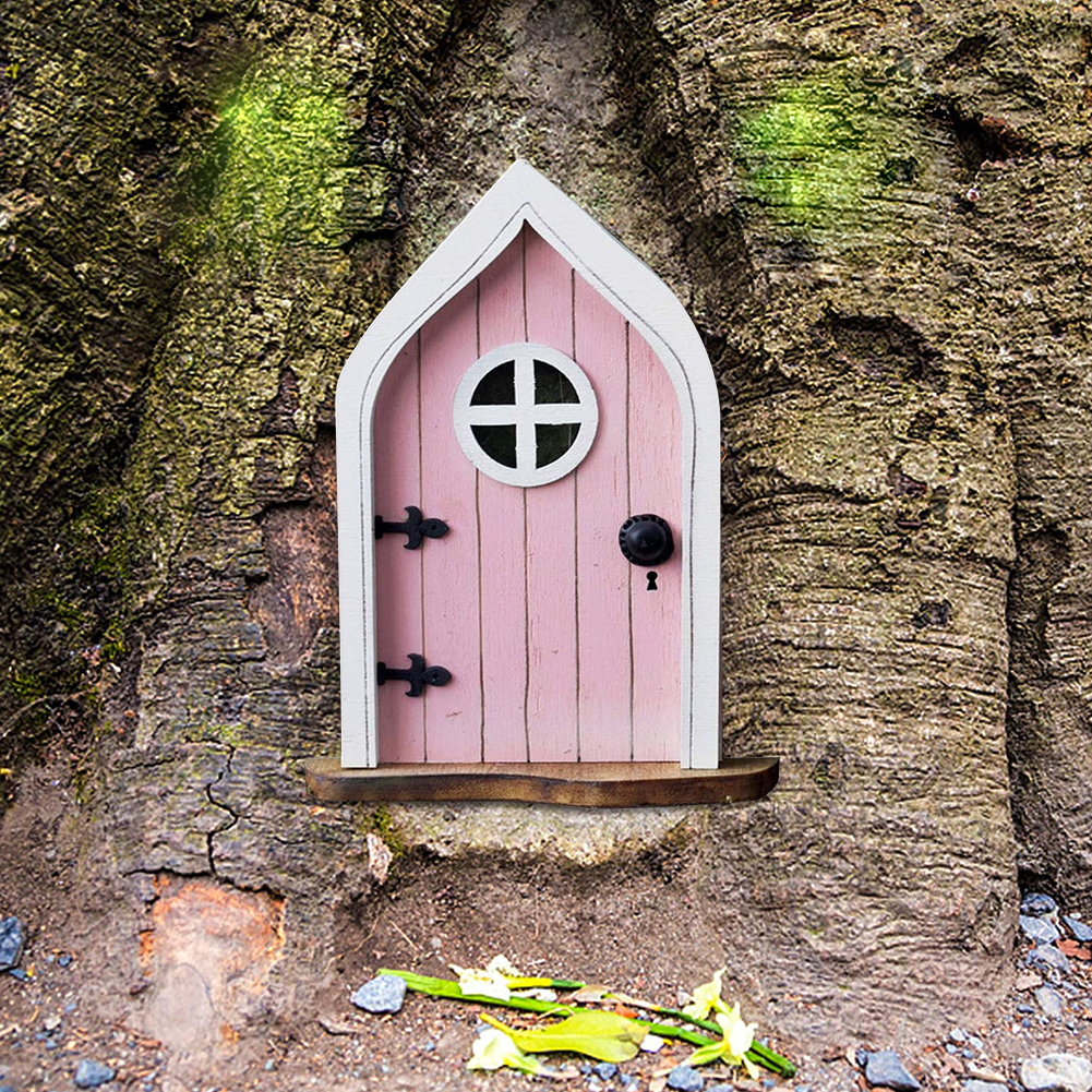 Mini Miniature Fairy Gate Yard Sculpture Courtyard Wooden Fairy Dwarf Window Door for Tree Gnome Art Garden Statues Decoration: B