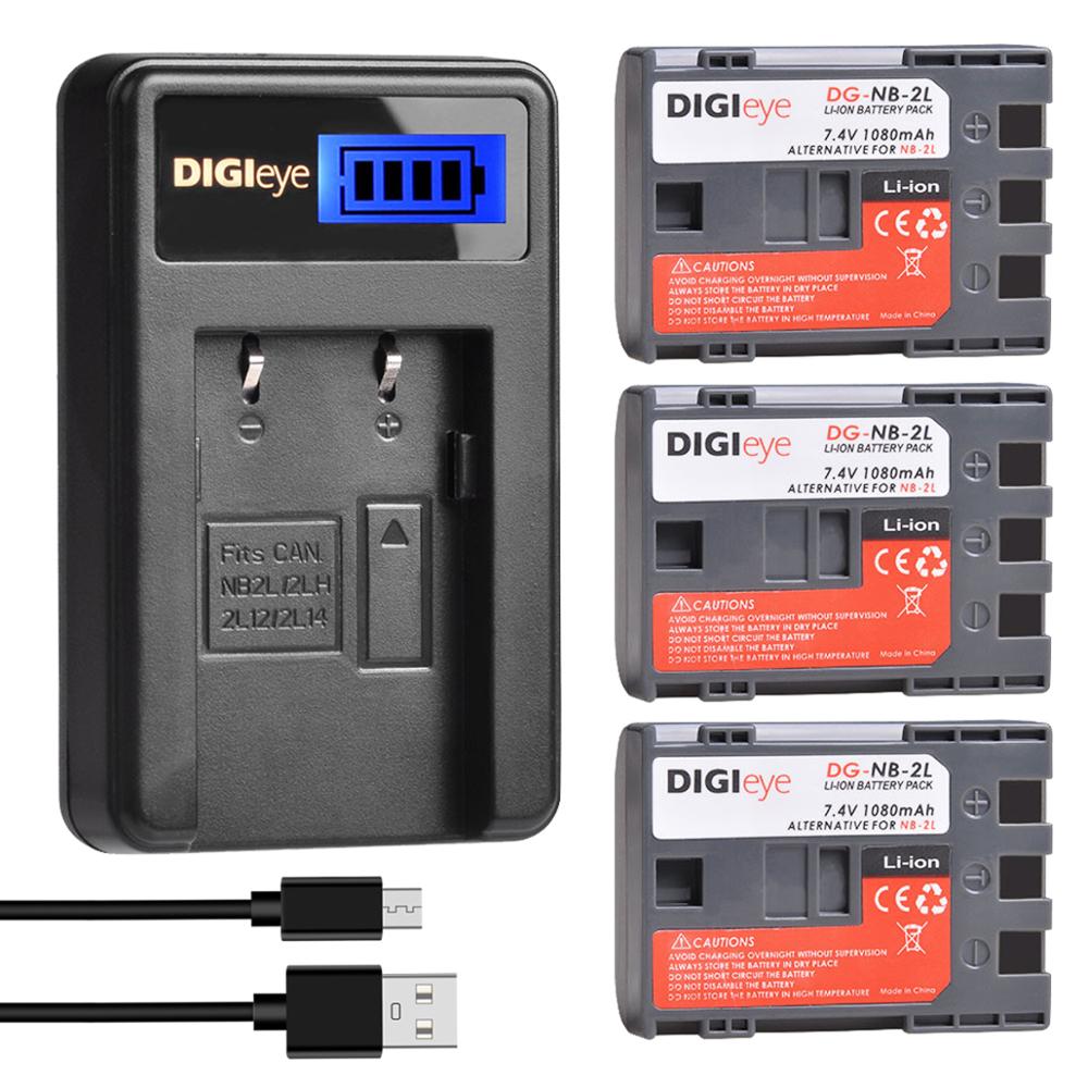NB-2L NB-2LH Battery + LCD Display USB Charger for Canon PowerShot G7 G9 VIXIA HF R10 HF R100 EOS 350D 400D Rebel XT XTi: 3 battery 1 charger
