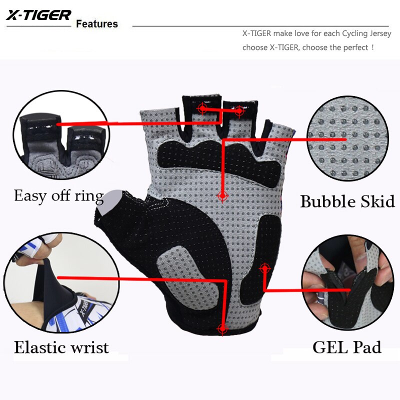 X-tiger fiets handschoenen, halve vinger fiets handschoenen, schokbestendig en ademend, mtb mountainbike handschoenen, heren sport fietskleding