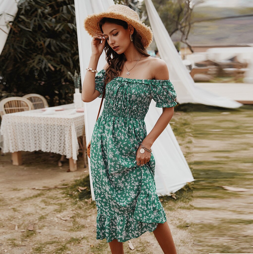 Women Dress Boho Floral Print Off Shoulder Ruffled Short Sleeve Sundress Summer Female Beach Dress Party Vestidos M140#