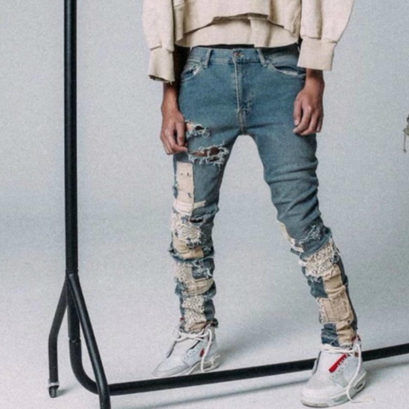 Pantalones vaqueros ajustados para hombre, Jeans rasgados rotos, estilo Hip Hop, pitillo, pantalones con parches bordados