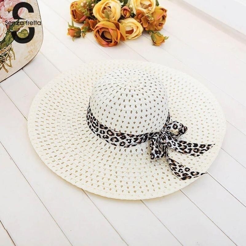 Sombrero de paja de ala ancha para mujer y niña, sombreros flexibles de playa, sombreros de paja plegables para el sol: Blanco