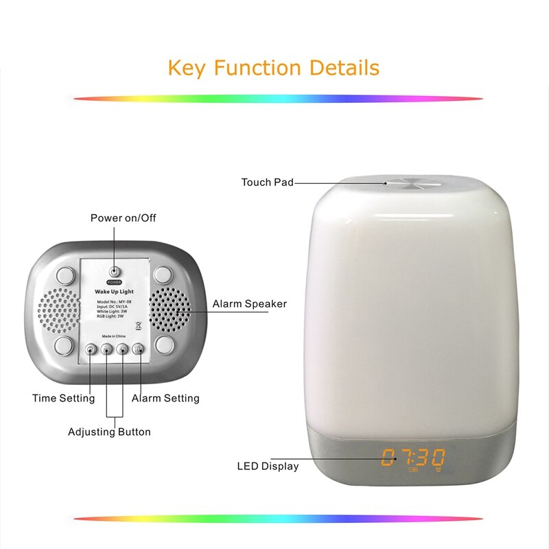 Wake Up Light Beside Lamp Alarm Clock with Sunrise Simulation Pressure Sensor Multicolor Dimmable Night Light