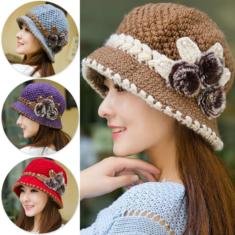 Women Woolen Beanie Hat Winter Knitted Caps With Flower Pattern Ladies Warm Bucket Hats Capot