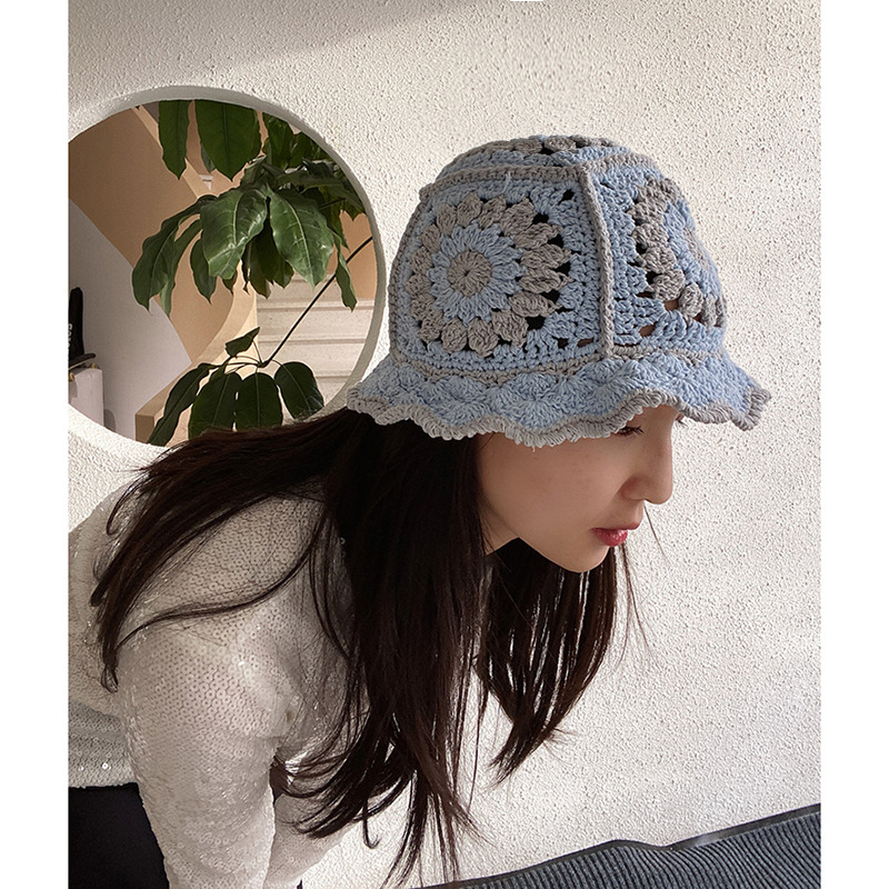 Summer Hollow Crochet Flower Fisherman Hat Shade Breathable Knitted Bucket Hat Ladies Panama Knitted Fisherman Hat