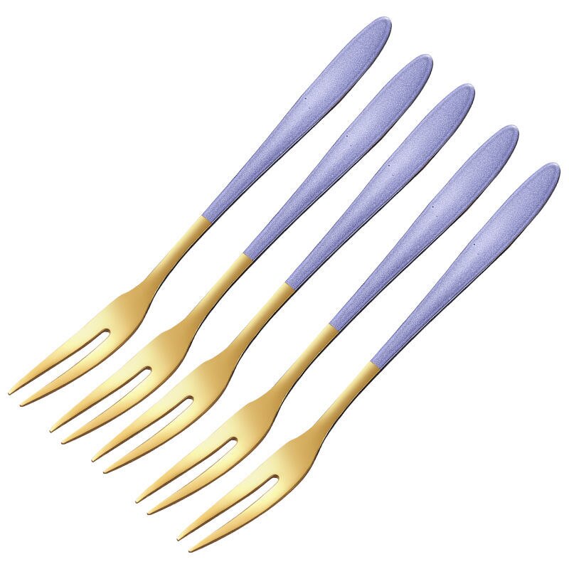 Fruit Fork Set Stainless Steel Fruit Fork INS Nordic Fruit Stick Fruit Plug Cute European Style Small Luxury: Purple Gold Fruit Fork   Five Pieces