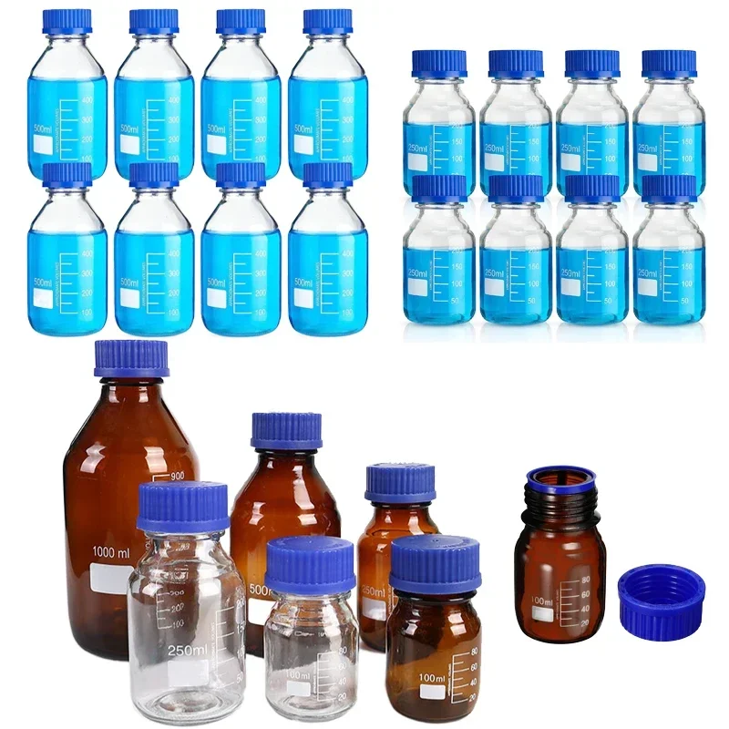 Botellas de almacenamiento de medios de vidrio redondas graduadas, color marrón/transparente, 25-1000ml, con tapas de tornillo GL45 azules para líquidos reactivos de agua de laboratorio, 1 Uds.