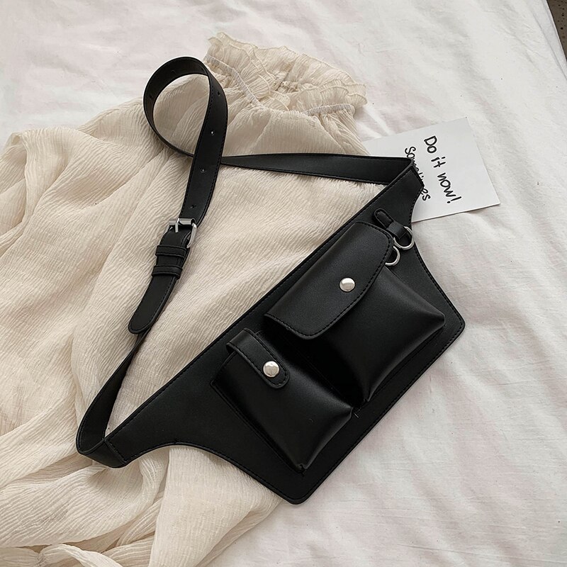 Jin Mantang High PU Waist Bag Female Waist Bag Casual Ladies Handbag Travel Portable Female Waist Bag: Black