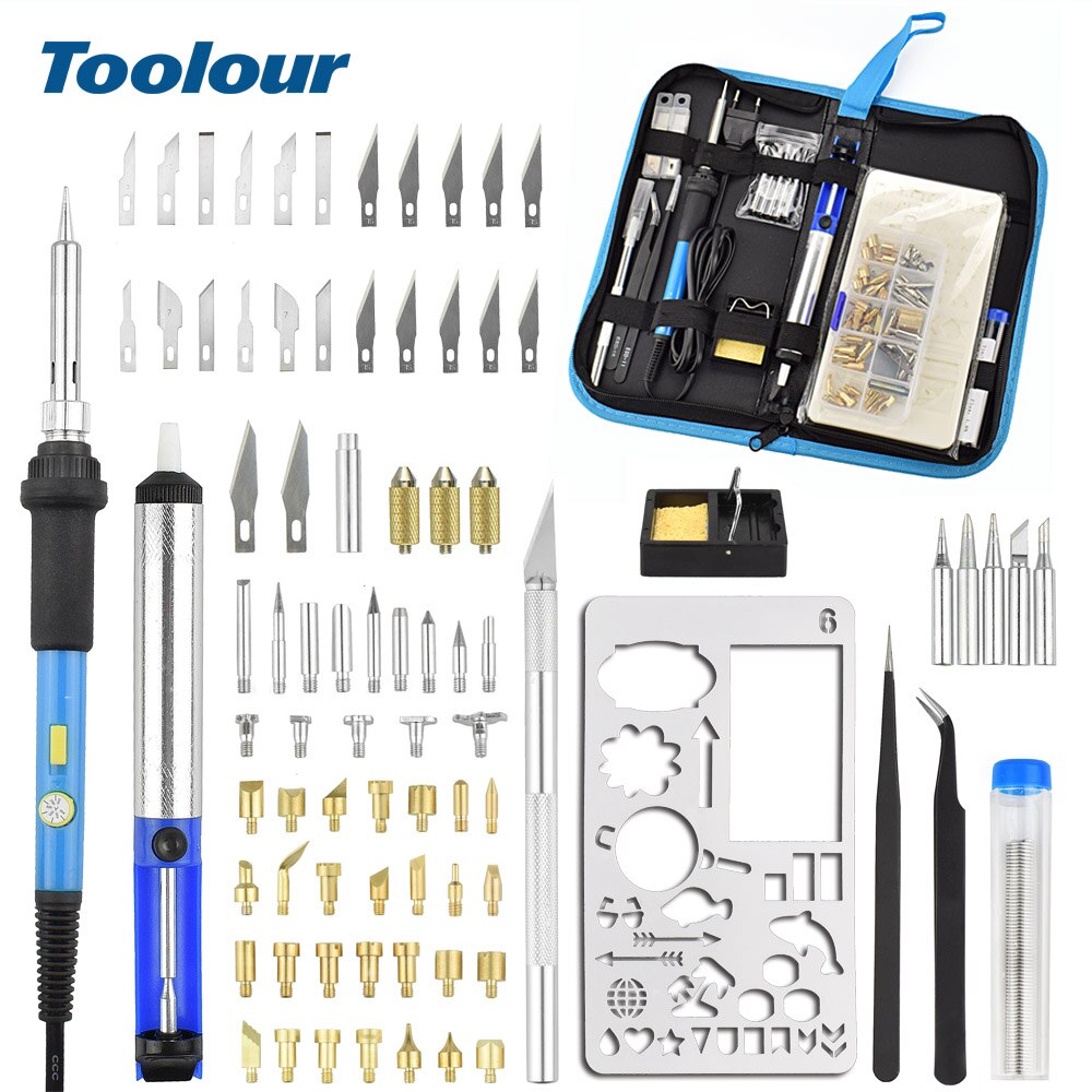 Toolour Pyrography Set 60W EU/ONS Soldeerbout Kit 50 stuks Pyrography Werken Solderen Tips/24 pcs DIY Craft Gelaagdheid Stencils