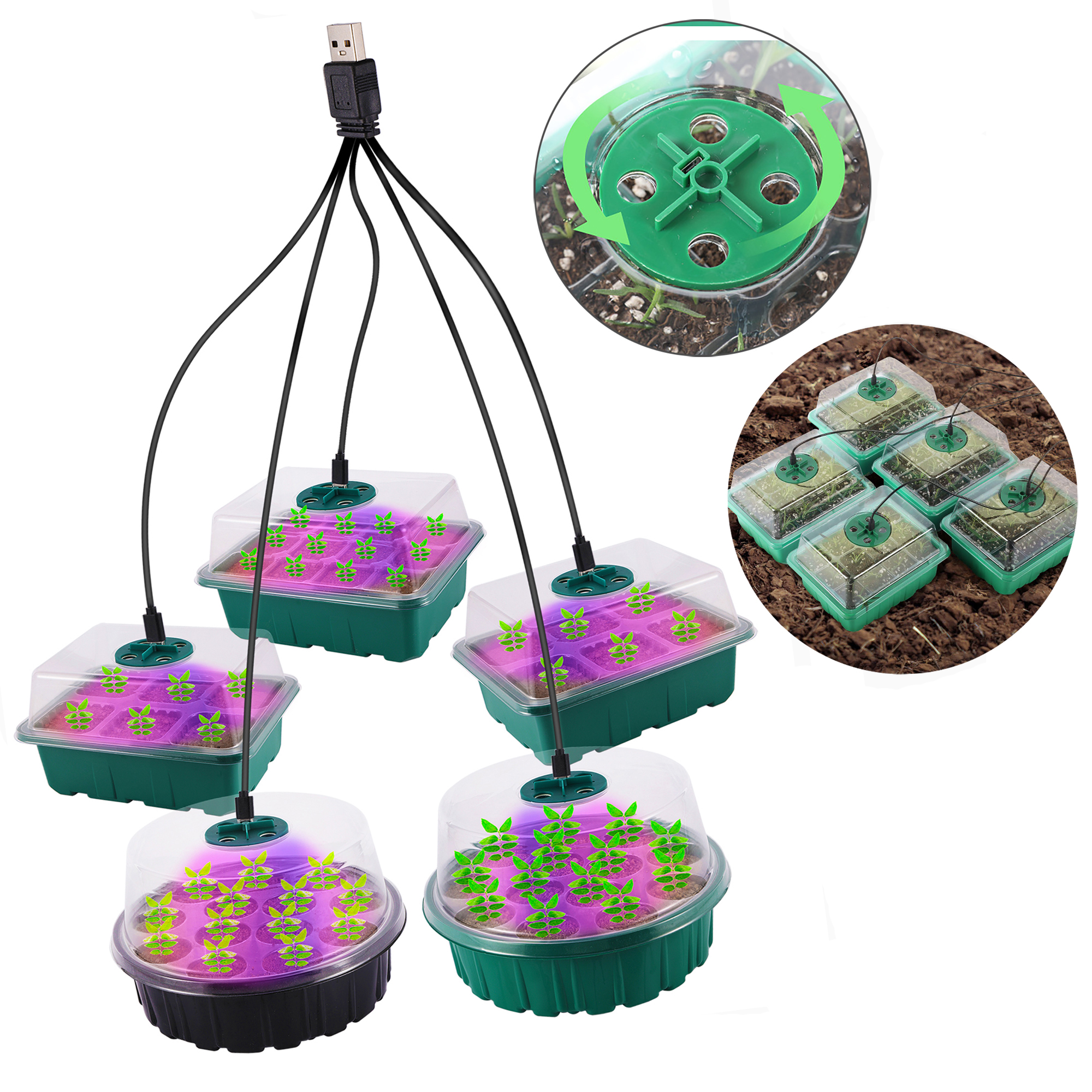 Caja de vivero de plántulas con luz LED de cultivo, bandeja de inicio de semillas, maceta de cría de plántulas, macetero de germinación de invernadero de jardín