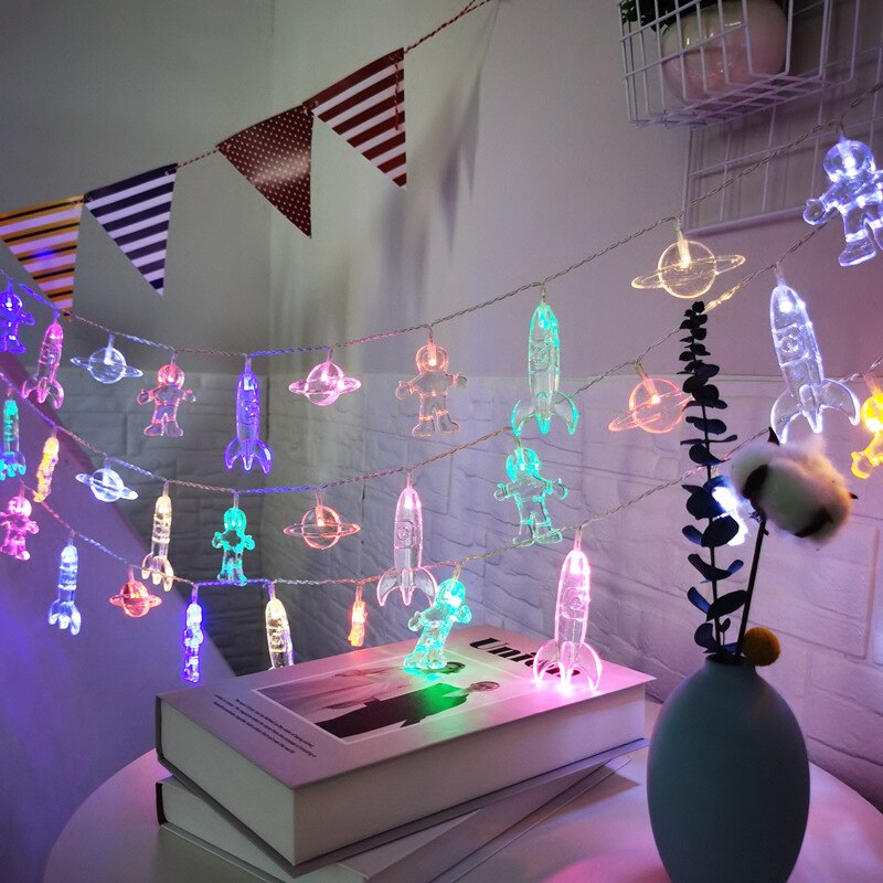 Guirlande lumineuse fusée planète 1.5m 3m, astronaute, alimenté par batterie, galaxie, décor de fête d&#39;anniversaire et de noël pour enfants