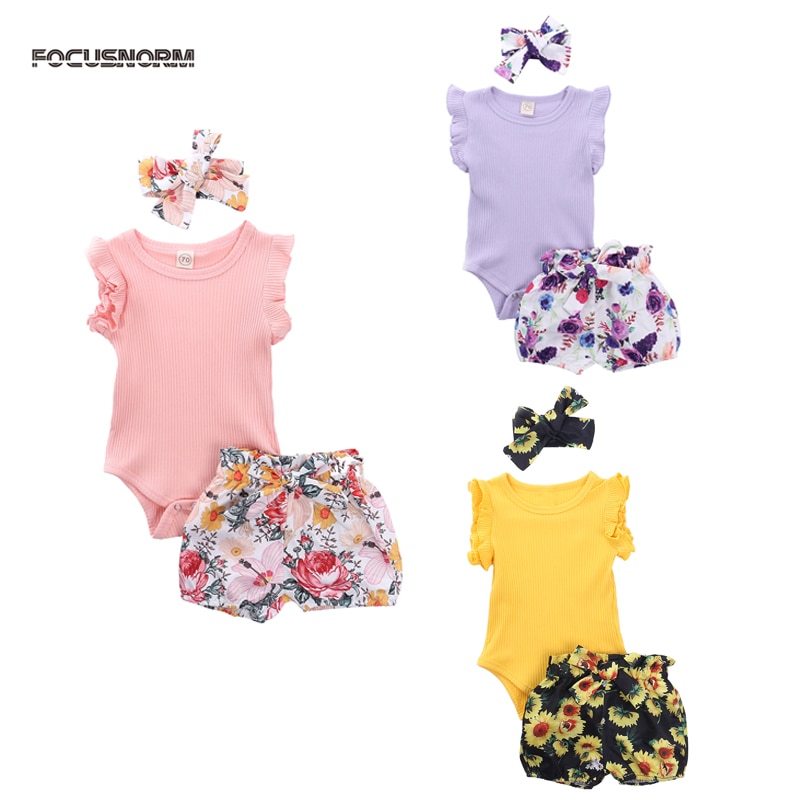Mise au point 0-24M été filles garçons vêtements ensembles volants Shorts manches barboteuse Shorts floraux bandeau 3 pièces
