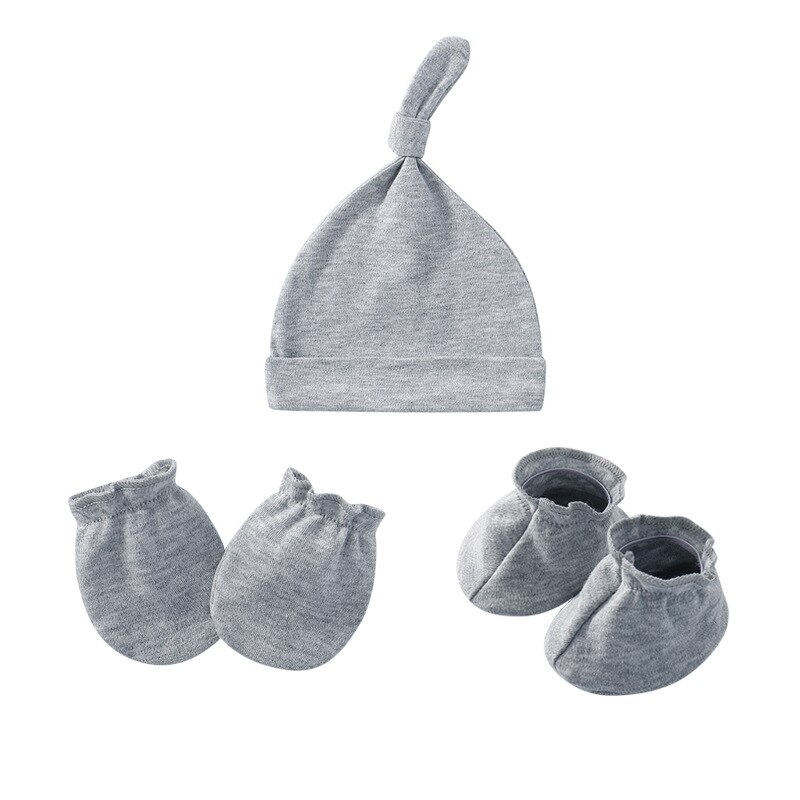 3pcs Set Baby Hats Newborn Gloves Baby Feet Cover Pure Cotton Pure Color Pure Cotton Set: GRAY