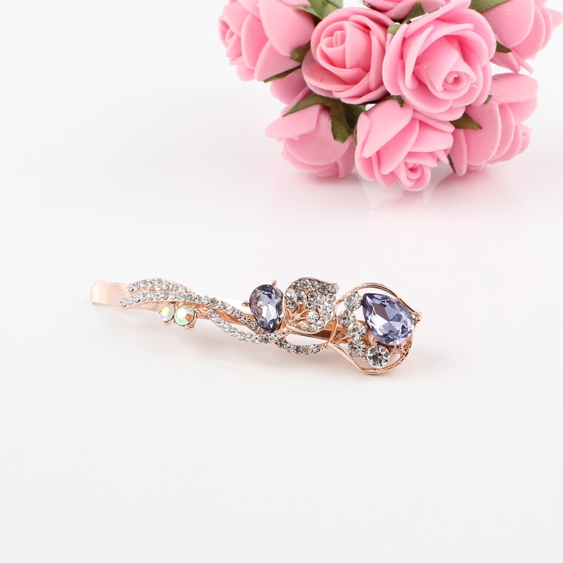 1 PC hair clip women flower rhinestones blue pink purple girls brand hairclip K9 crystal stones golden alloy head jewelry