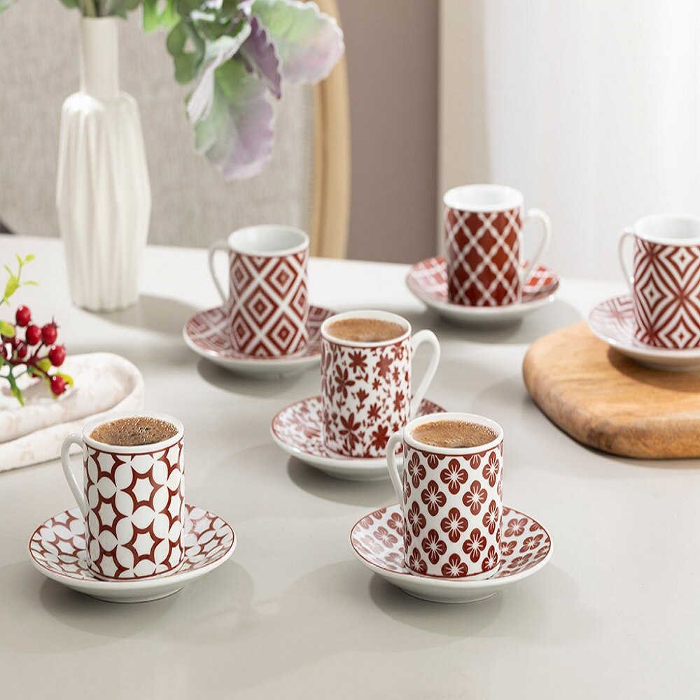 Turkish Coffee Cups Espresso Set of 6 with Saucers Modern English Home Porcelain Claret Red-Black-Blue