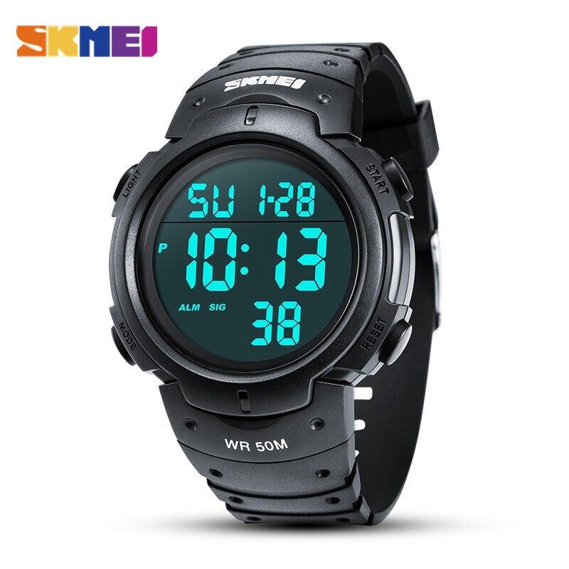 Skmei utendørs sportsklokke herre stor urskive enkle klokker kalender pu stropp 5 bar vanntett digital klokke reloj hombre 1068