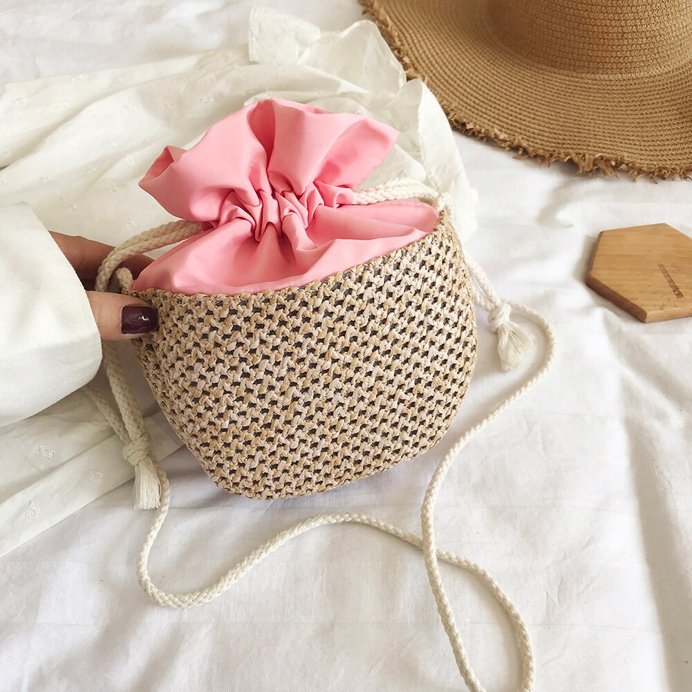 Trekkoord dames stro tas geweven schouder vakantie dames schoudertas portemonnee strand handtassen