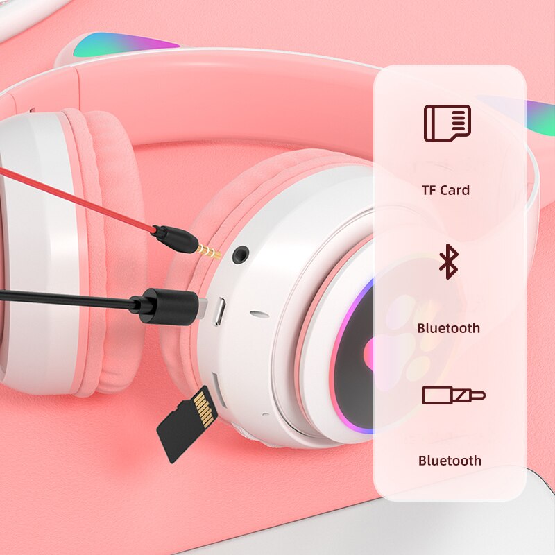 Wireless Headphones for Kids & Adults - RGB Cat Ear Bluetooth 5.0 with Mic, Noise Cancelling, TF Card Support