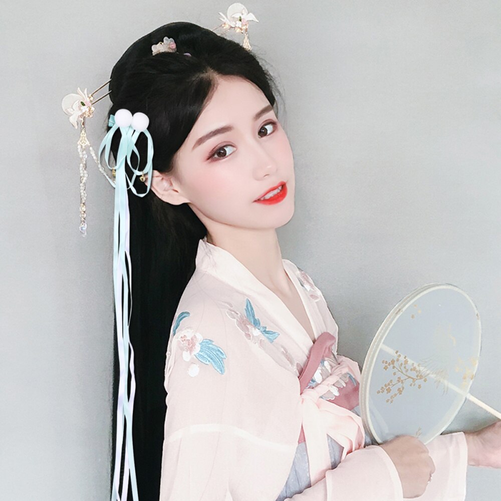 1 paar kinderhaarspeldjes met kwastjes, hanfu-kleding, haarspeldjes met kwastjes en traditionele chinese linten (roze): Lichtgroen