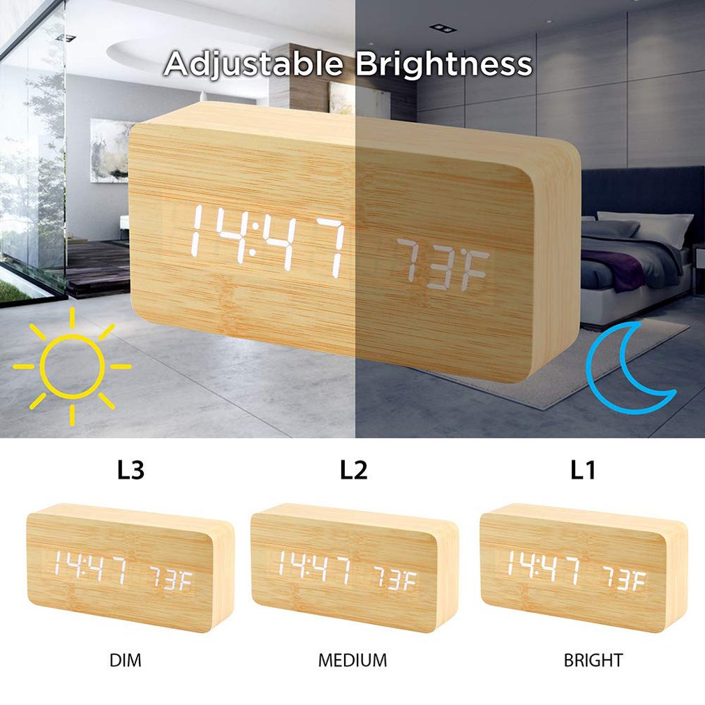 Stijlvolle Multifunctionele Led Wekker Creatieve Houten Usb Voeding Digitale Wekker Met Voice Control