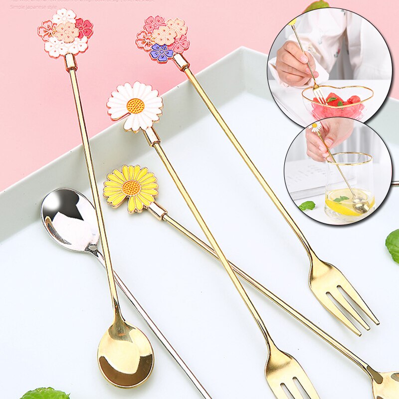 Cherry Blossom Daisy Pattern Spoon Fork Stainless Steel Thin Handle Tea Spoon Coffee Stirring Dessert Fork Tableware