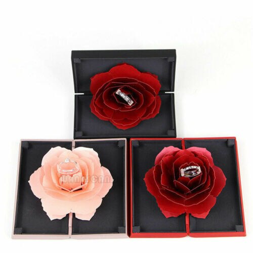 Mooie 3D Pop Up Rose Ring Box Bruiloft Engagement Sieraden Opslag Rechthoekige Voorstel Roterende Rose Flower Ring Box