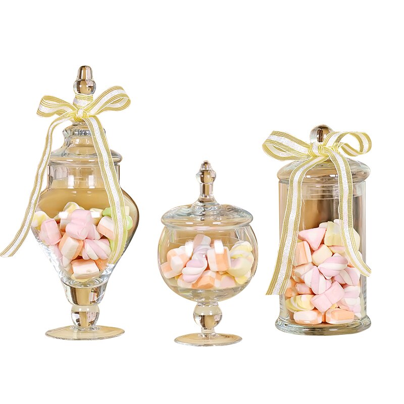 European Style Transparent Glass Candy Jar with Glass Cover Wedding Dessert Display Stand Home Candy Storage Tank