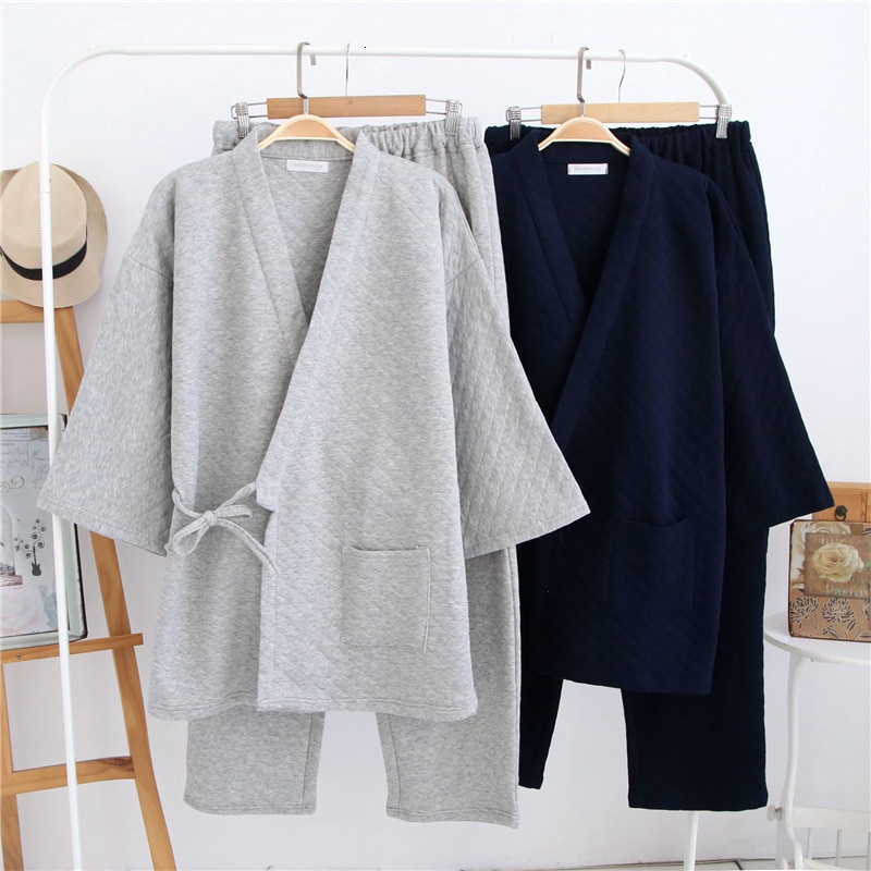 Yukata-Conjunto de pijama Kimono de algodón para hombre, ropa de dormir japonesa con capa de aire, servicio a domicilio, pantalones gruesos y cálidos de Color sólido, Otoño e Invierno