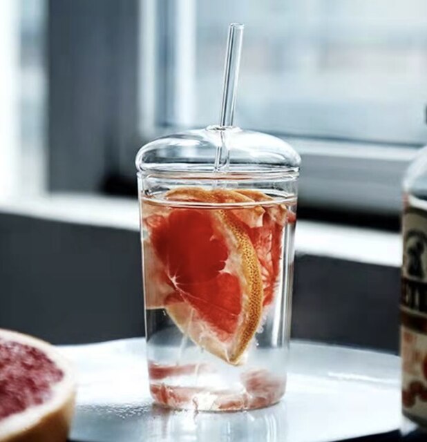 High Borosilicate Glass Colorful Flower Coffee Mug with Straw and Lid Transparent Drinking Milk Tea Cups Drinkware: B