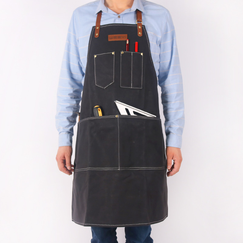 WEEYI delantal de lona encerado pesado Vintage para Barbero carpintero con correa de cuero mujeres hombres trabajo delantal BBQ Grill delantales delantal: Black