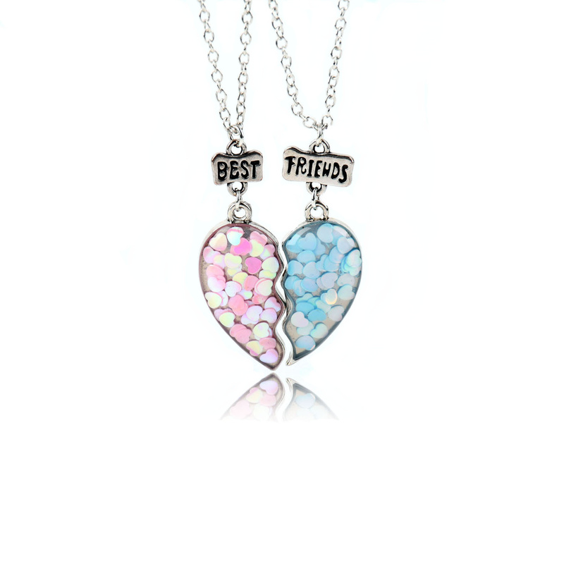 2Pcs/set Best Friends Necklaces Sequin Heart Broken Stitching Pendant Chain BFF Friendship Jewelry for Girls Women: Default Title